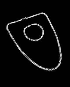 Silver Cuban Miami Chain Necklace & bracelet matching set Gotham stainless steel - Picture 1 of 6