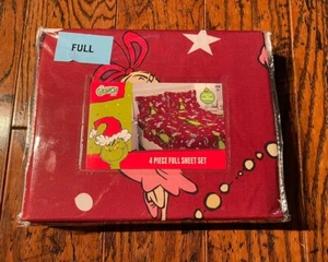 Dr. Seuss The Grinch 4 Piece Red Full Sheet Set Christmas Holiday Whoville NEW - Picture 1 of 4