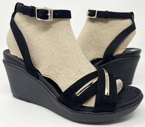 Crocs Leigh II CrossStrap Metal-block Ankle Wedge Sandal Womens Size 6 Black NEW - Picture 1 of 6
