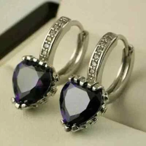 Dangle Drop Heart Earring 14K White Gold Finish Simulated Heart Cut Sapphire - Picture 1 of 5