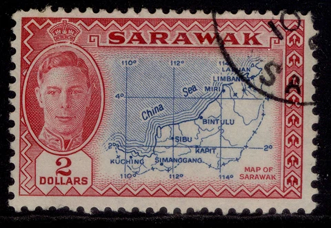 SARAWAK GVI SG184, $2 blue & carmine, USED. Cat £17 Cover