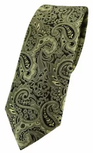 schmale TigerTie Seidenkrawatte in grün oliv schwarz Paisley gemustert - Bild 1 von 5