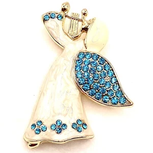 Mod Liz Claiborne Goldtone Brooch Pin Enamel Blue Crystals Angel Christmas R - Picture 1 of 9