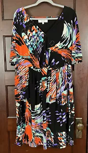 Jones Studio Dress Womens Plus 2X Black Abstract Butterfly V Neck Midi Stretch - Picture 1 of 17