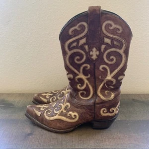 Tony Lama Women's 6.5 B Brown Snip Toe Cowgirl Boots VF3924 Embroidered GUC Read - Picture 1 of 11