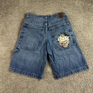 VINTAGE JNCO Jean Shorts Mens 34 Spiked Skull Embroidered Blue Denim Grunge - Picture 1 of 17