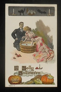 1907 Halloween Grüße Fred C. Lounsbury Babe wackelt nach Äpfeln Fledermaus Eule Katze - Bild 1 von 1