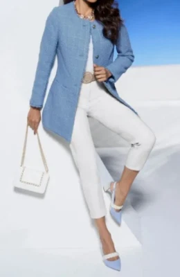 NUOVO! Giacca blazer boucle lunga moda marca 3 bottoni azzurro foderato oro - Immagine 1 di 3