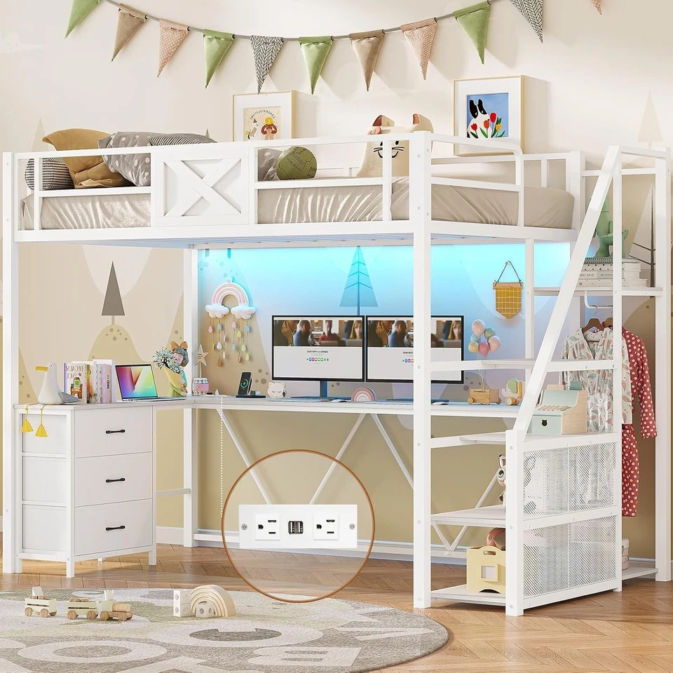 Twin Size Loft Bed with L Shaped Desk, LED Lights and Storage Stairs (White) - Image 1 of 4