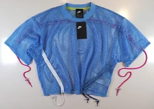 NIKE SPORTSWEAR MESH SHORT SLEEVE CROP TOP - BLUE AR3033-412 - WOMEN S - Picture 1 of 23