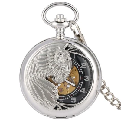 Womens Mens Automatic Pocket Watch Roman Numerals Dial Hollow Hands with Chain - Image 1 of 4
