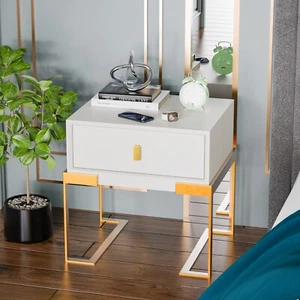 21" Solid Wood White Single Drawer Nightstand Wrapped in Fiber Leather Finish - Picture 1 of 12