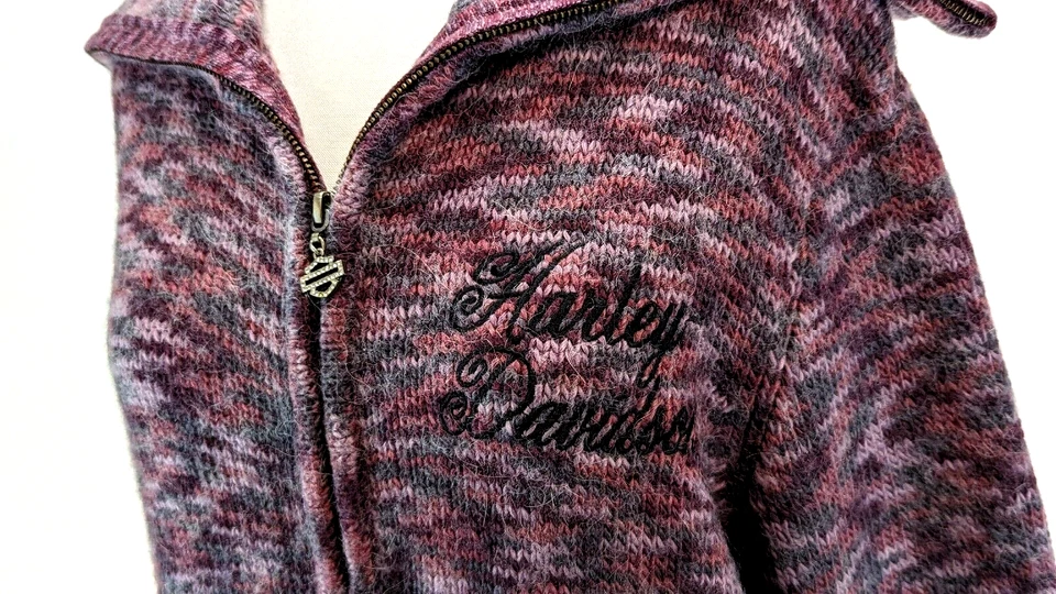 Suéter cárdigan para mujer Harley Davidson púrpura cremallera lana alpaca cuello embudo XXL* Foto 1 de 4