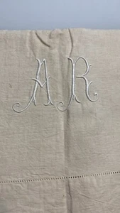 Drap ancien en métis  avec jours  monogramme AR brodé main/6663V0 - Photo 1/5