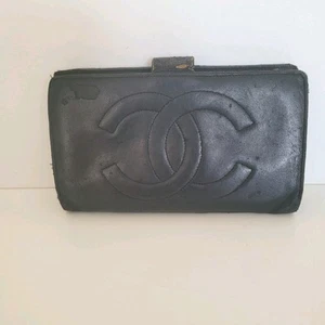 CHANEL Vintage Authentic Lambskin Logo Wallet Black Classic Large Bifold Fair - Bild 1 von 14