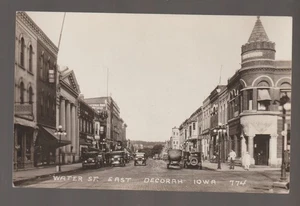 Decorah IOWA RPPC c1920s BANK Stores MAIN STREET Water Street ADVERTISING IA - Picture 1 of 2