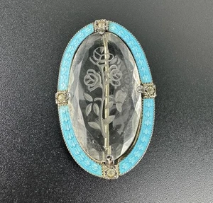 Antique Art Deco Sterling Carved Art Glass & Baby Blue Guilloche Enamel Brooch - Picture 1 of 14