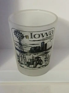 Vintage Iowa Shot Glass Frosted Black Graphics Tractor Windmill Farm Corn Silo - Picture 1 of 1