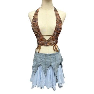 Dolls Kill Sz S Current Mood Studded Denim Chiffon Mini Skirt Mermaid Fairy Blue - Image 1 of 4
