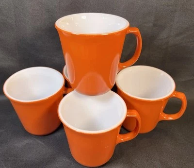 "5 tazas de café vintage Pyrex 3,5"" naranja óxido blanco interior alrededor de 1970" Foto 1 de 4