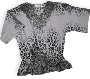 Chico's Animal Print Top Size 2 L Cold Shoulder V Neck Shirred Peplum Lavender - Picture 1 of 11