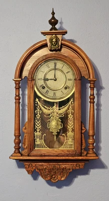 Antique Wood Wall Clock Chimes Pendulum Finial Pillars Decorative Glass Works - Image 1 of 4