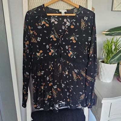 Full Tilt Black Floral Blouse | Long Sleeve Boho Top | Embroidery & Tie Detail  - Image 1 of 4