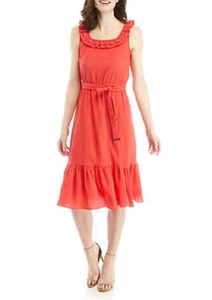 NEW MICHAEL KORS PINK CORAL FLARE BELTED MIDI DRESS SIZE L $135 - Picture 1 of 2