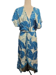 AMERICA & BEYOND blauer Blattdruck gehäkelt Kunsthalstuch Bluse Midi Maxikleid L NEU - Bild 1 von 17