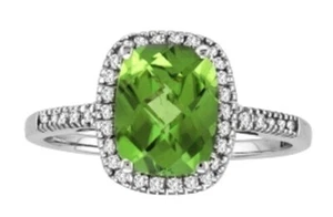 Cushion Cut Genuine Peridot and Diamond Ring - 14 Karat White Gold - Picture 1 of 1