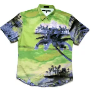 Carbon Hawaiian Shirt Men XL Slim Fit Green Blue Tropical SS Button Up Polyester - Picture 1 of 9