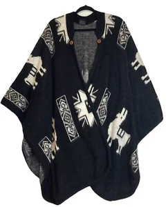 Tejidos Ruminahui Wool Sweater Poncho One Size Black Alpaca Pattern Shawl Hippie - Picture 1 of 23