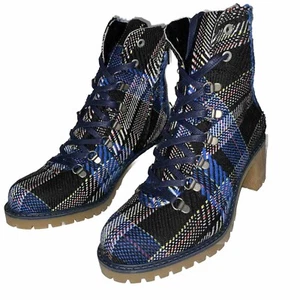 Eric Michael Indigo Lace-Up Blue Plaid Boots, Navy, Women's 40 EU (US 9.5) New - Picture 1 of 12