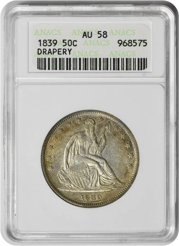 1839 Liberty Seated Silver Half Dollar Drapery AU58 ANACS Cover