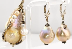 Hand Made Bohemian Style Baroque FW Pearl Sterling Silver Earring & Pendant Set - Picture 1 of 15