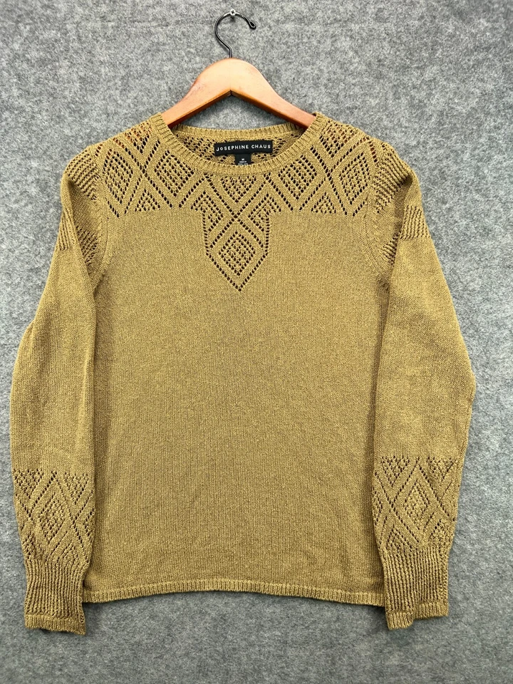 Josephine Chaus Top Blouse Womens Medium Brown Open Knit Detail Long Sleeve - Image 1 of 4