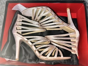 POUR LA VICTOIRE Nude Strappy Stiletto Sandal High Heels Crystals Sz 9 - Picture 1 of 9