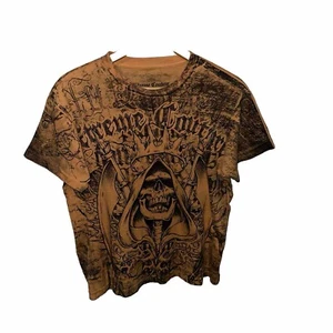 Y2K Xtreme Couture Reaper Skeleton Orange All Over Print T-Shirt Sz Large Boxy - Picture 1 of 13