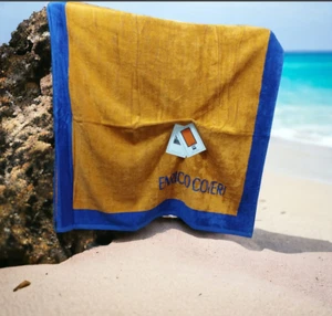 Enrico Coveri telo doccia mare in cotone e morbida spugna blu giallo asciugamano - Foto 1 di 3