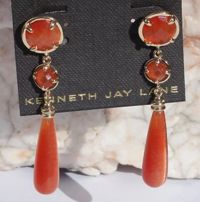 BRINCOS GOTA/PINGENTE KENNETH JAY LANE KJL folheados a ouro laranja olho de gato NOVO  - Imagem 1 de 4