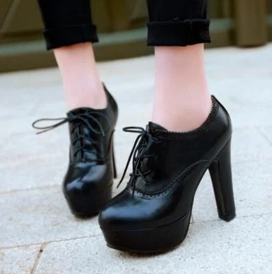 Women's Brogue Lace Up High Heel Shoes Platform Sweet Round Toe Pumps Fashion 47 - Image 1 of 4