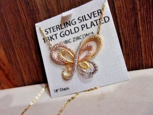 Sterling SIlver 18K Gold Plated Tri Color Butterfly Pendant Necklace - Picture 1 of 6