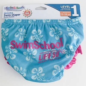 Swim School Girls Reusable Swim Diaper Size 6 mo 10 to 18 lbs Blue w Pink Ruffle - Picture 1 of 6