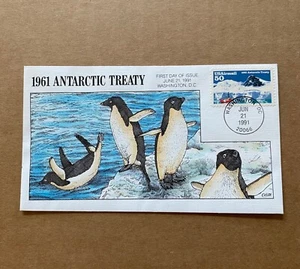 US FDC Collins Hand-Painted #C130 Antarctic Treaty Penguins 1991 - Picture 1 of 3