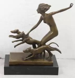 More details for art deco bronze diana the huntress with dogs - signed lorenzl - marble base