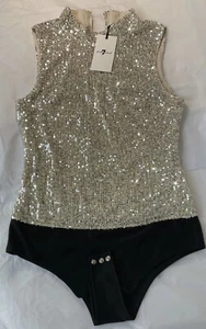 Tuta corpo nuovo con etichette 7 per tutta l'umanità oro paillettes finta collo di tartaruga taglia M - Foto 1 di 6