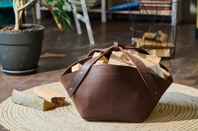 Leather log carrier,  Firewood Carrier, Leather Fireplace Accessory, Handmade - Image 1 of 4
