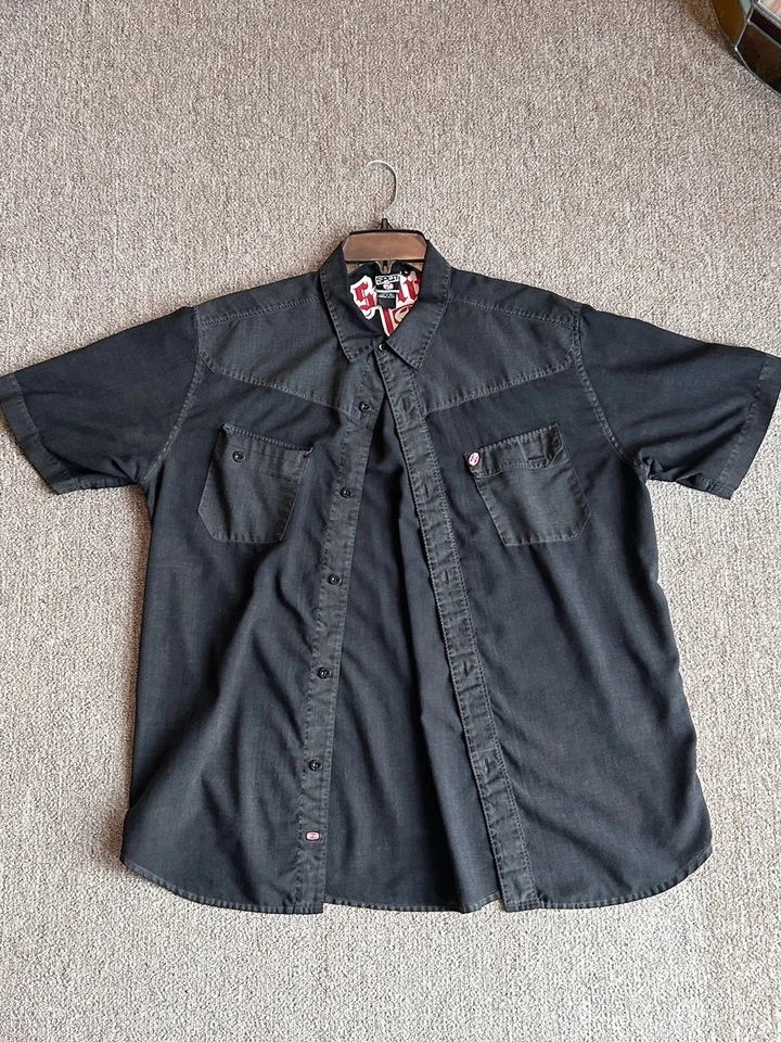 Split Vintage Y2K Button Down Men's Large Short Sleeve Black Skater 2004 Shirt - Image 1 of 4