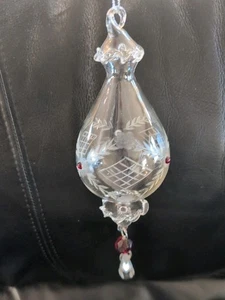 Hand Blown Clear Etched Glass Ornaments XMAS Dangling Blue & Prism 9" Lot 2 EUC - Picture 1 of 8