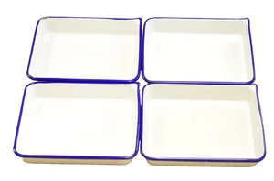 4er Set Cesco blau/weiß Porzellan/Emaille Dunkelkammer Tabletts. 8,5 x 10,5" Boden ID - Bild 1 von 4